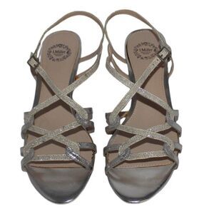 L Miller Silver Low Wedge Formal Strappy Sandals Metallic Prom Wedding Sz 7 1/2